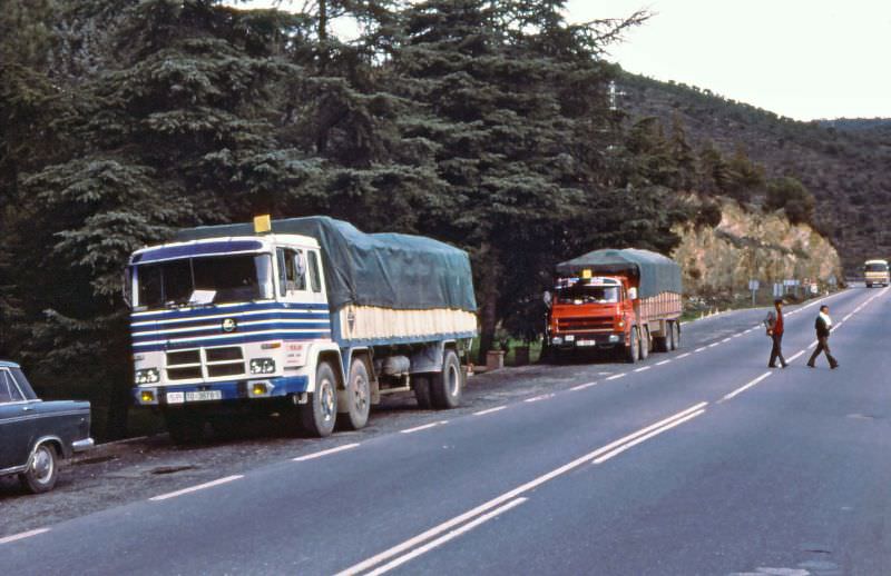 Trucks at rest stop, Madrid to Granada road, Castile-La Mancha, 1977