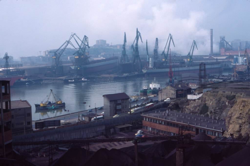 Port on the Nervion at Barakaldo on the outskirts of Bilbao in the 1970s, Spain.