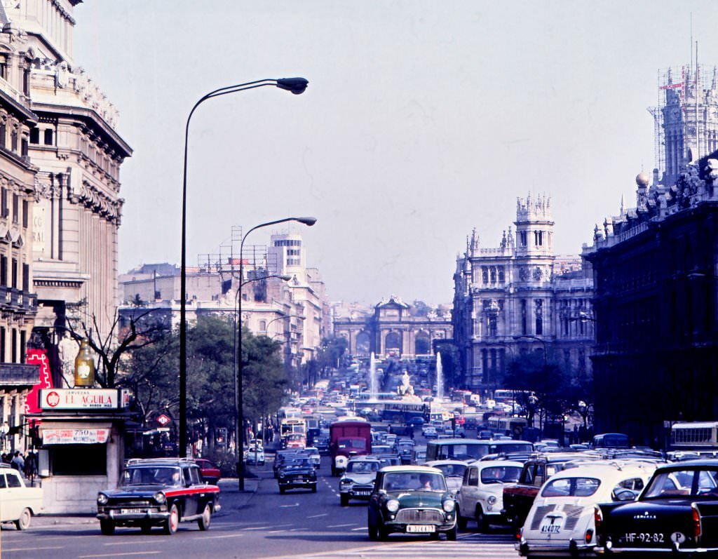 The 'Alcala Street', which begins at the “Puerta del Sol” and crosses the whole city until it ends at the motorway that goes to airport, Madrid, Spain, 1970.