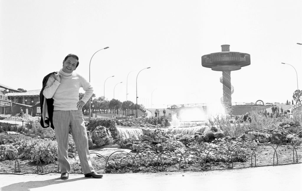 Italian singer Torrebruno in the Fairground of Madrid, 1970, Spain.