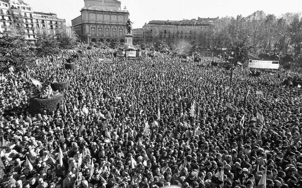 Demonstration of "Fuerza Nueva" the party of Francisco Franco's sympathizers, in the Plaza de Oriente, 1975, Madrid, Spain.