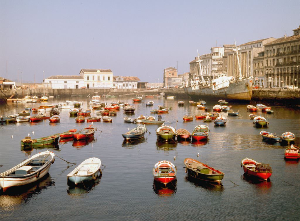 View of the port of Gijon, Asturias, Spain, 1975.