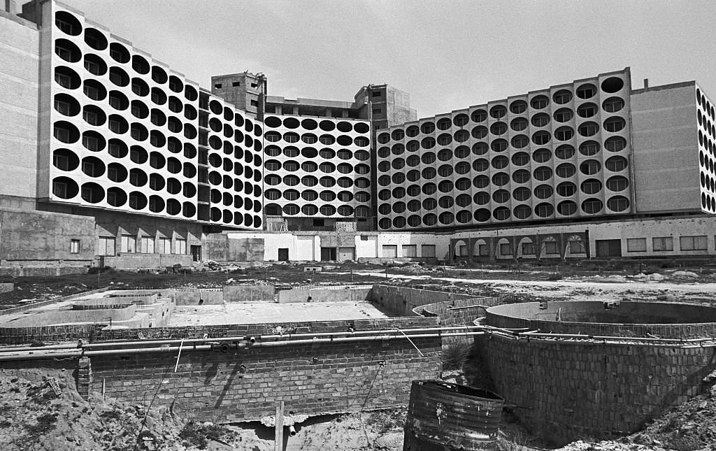 Hotel ruins on the beach south of Cape Trafalgar, 1978