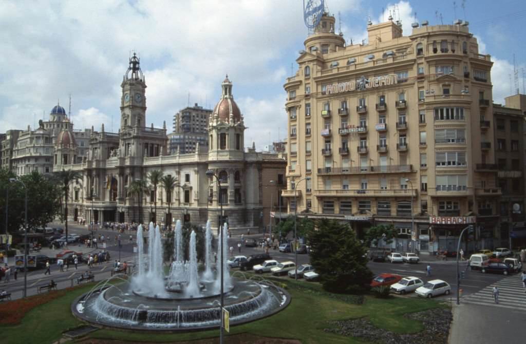 The Town Hall square in Valencia, in May 1985, Spain.