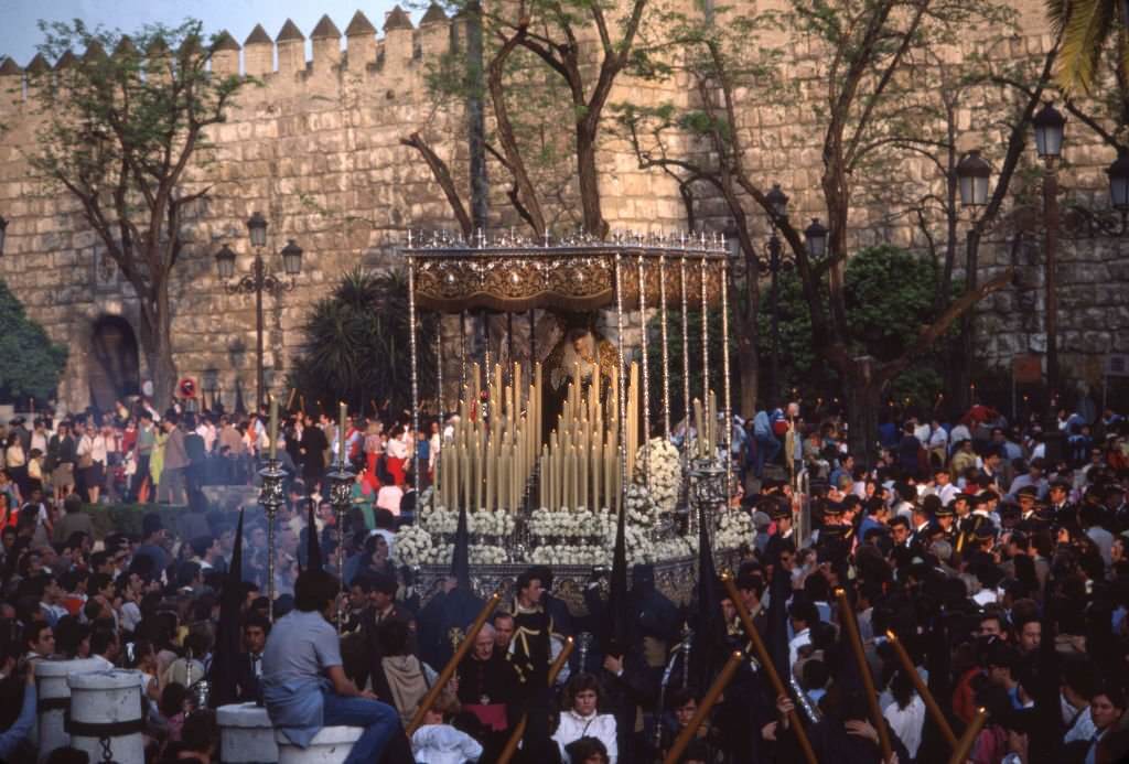 Paso of the Virgin Mary in a Holy Week procession in Seville, Andalusia, May 1985, Spain.