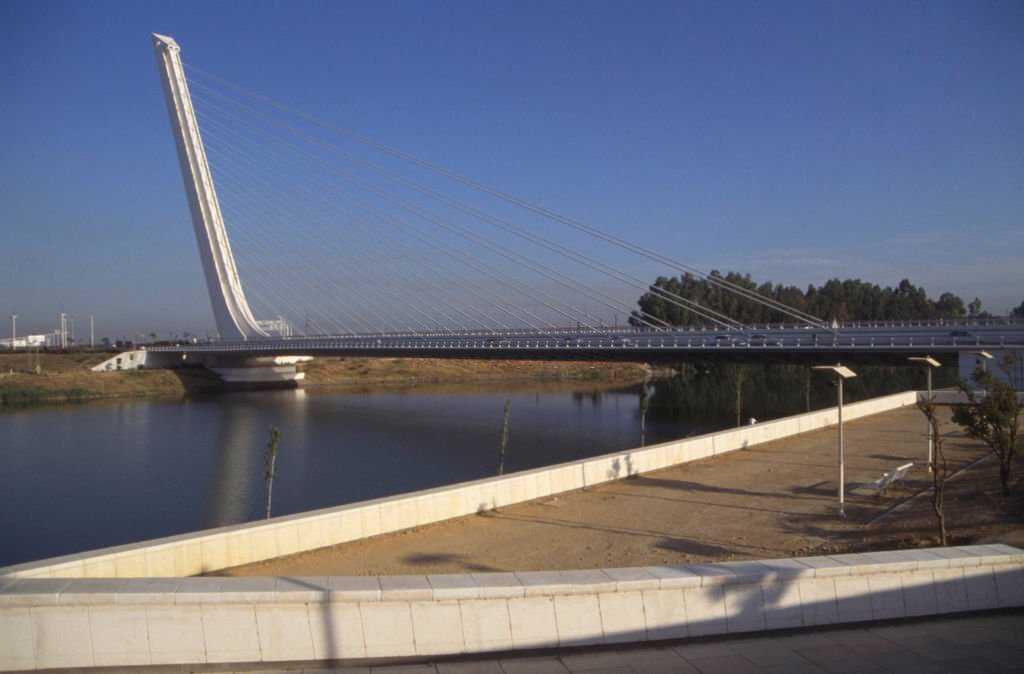 The Alamillo bridge, above the Guadalquivir basin, in Seville, in May 1985, Spain.