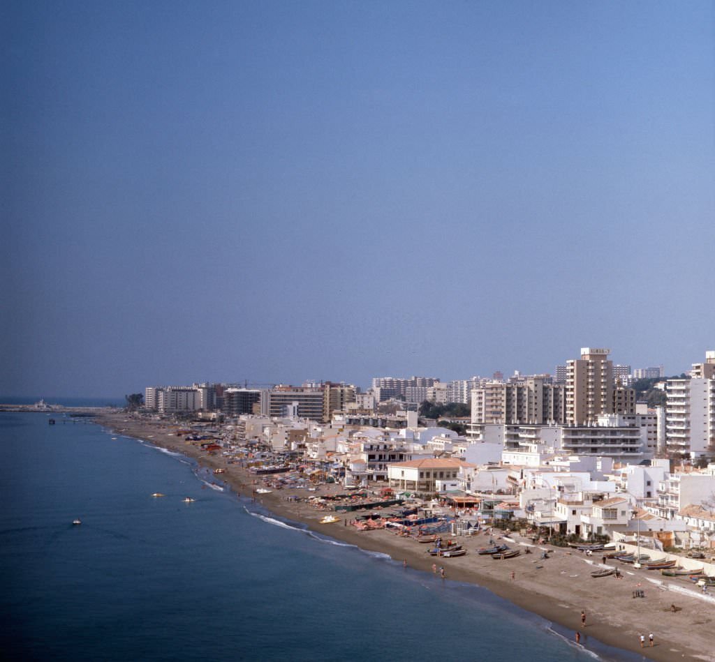 The beach El Bajondillo of Torremolinos at the Costa del Sol, Andalusia, Spain 1980s