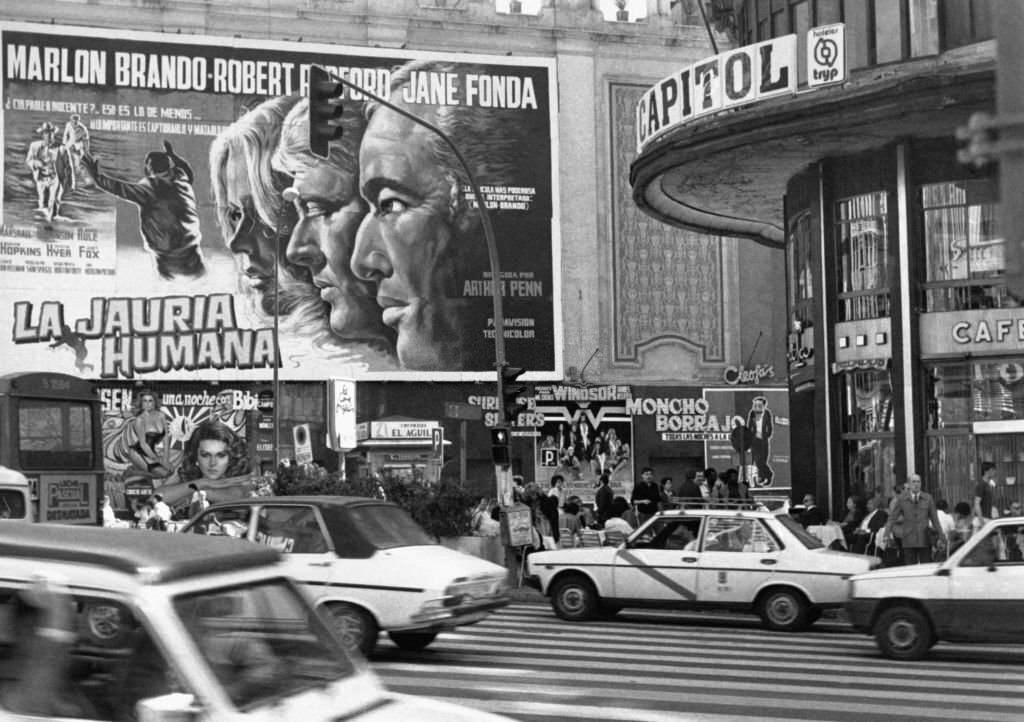 Film posters on the Gran Via in Madrid, Spain, in 1985.