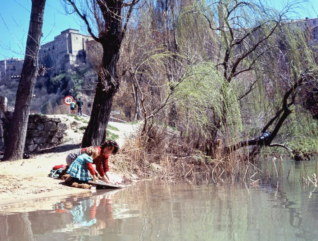 Laundresses in the river Jukar, 1983, Cuenca, Castilla La Mancha, Spain.