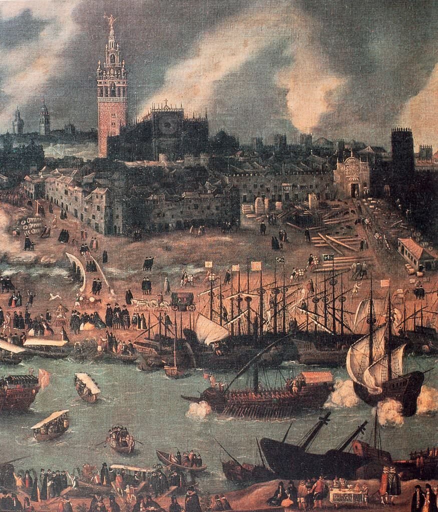 City of Seville with the Giralda which surmounts the cathedral, La Puerta del Arenal, its port and its sailboats, at the time of the effervescence born from the discoveries of new territories. P