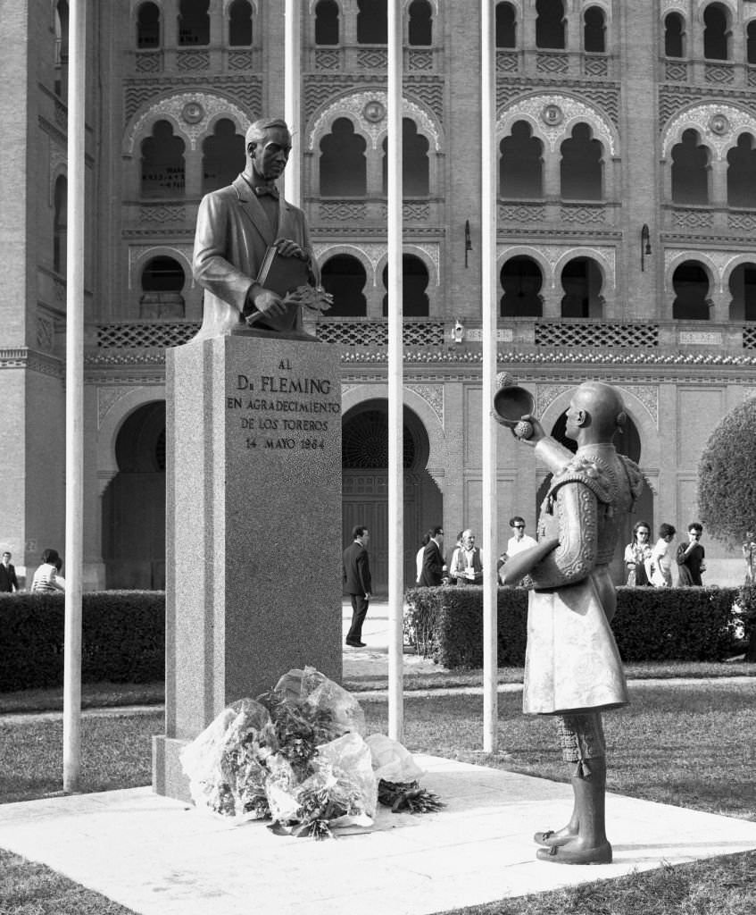 The bullring "Las Ventas", with the monument of Alexander Fleming, Madrid, 1980, Spain.