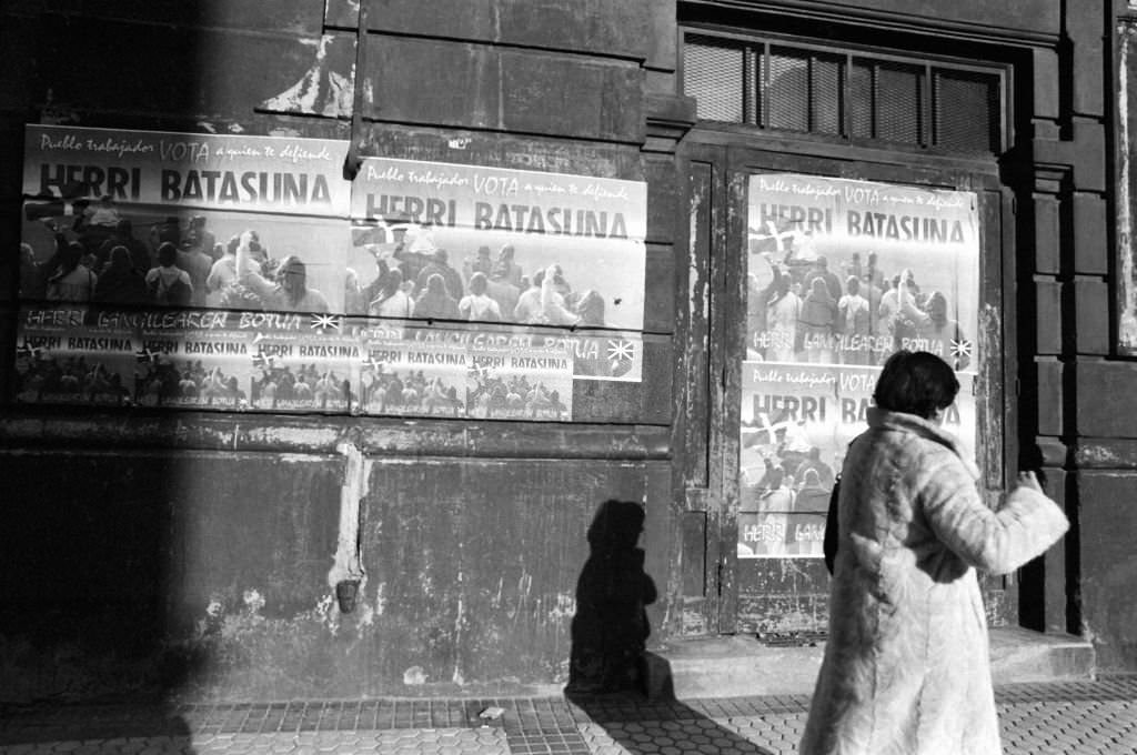 Posters and graffiti in San Sebastian during the legislative elections in the Spanish Basque Country on February 15, 1984, Spain.