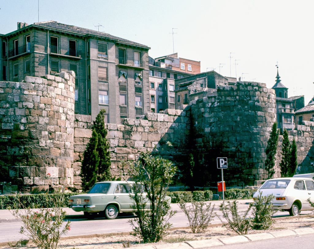 View of a section of the ancient Roman wall along Avenida de Cesar Augusto (near the intersection with Calle Escobar), Zaragoza, Aragon, Spain, 1984.