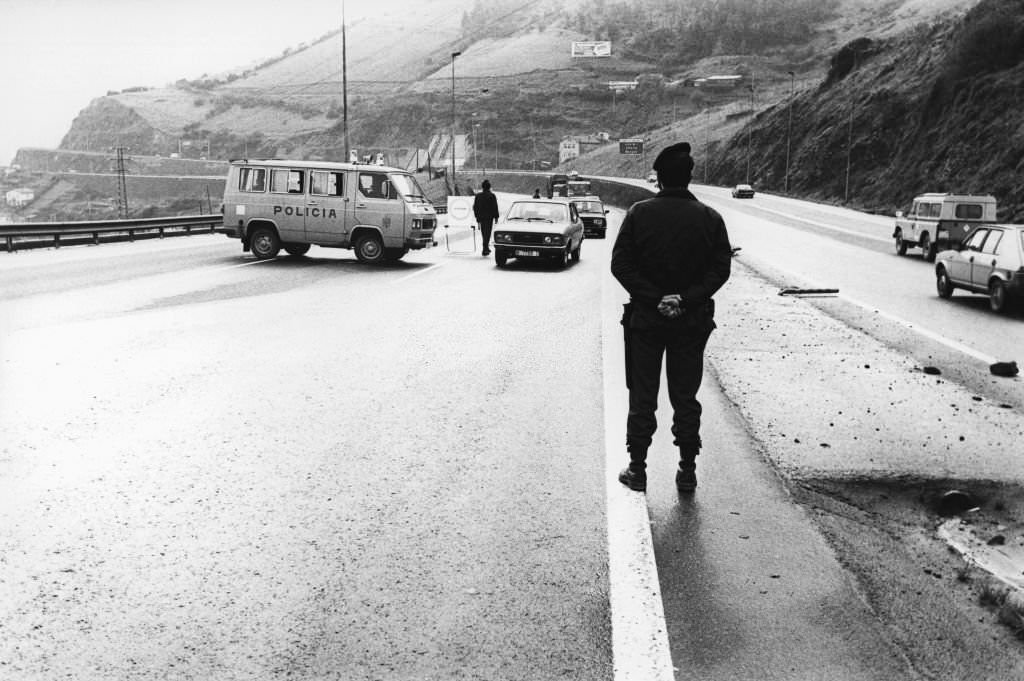 A soldier stops cars on the roads of the Basque country following kidnappings organized by the Basque terrorist organization, January 21, 1981.