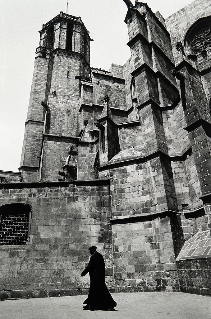 Barcelona, Gothic cathedral and priest, 1980s