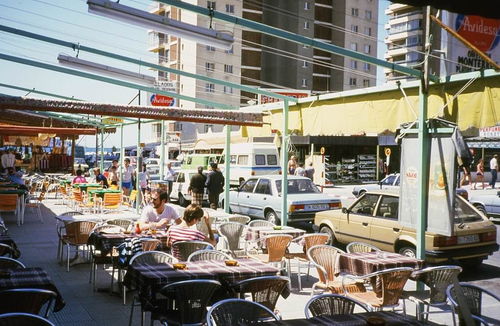 Tourists having lunch in Marbella, 1982, Malaga, Andalusia, Spain.