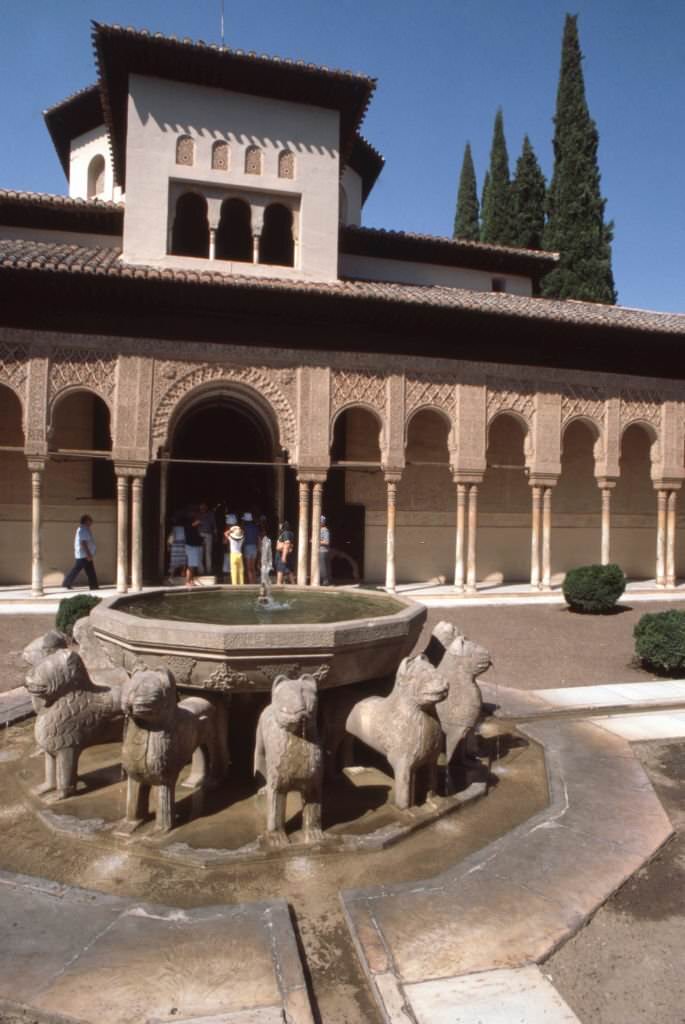 The Court of the Lions of the Alhambra, in Granada, in October 1985, Spain.