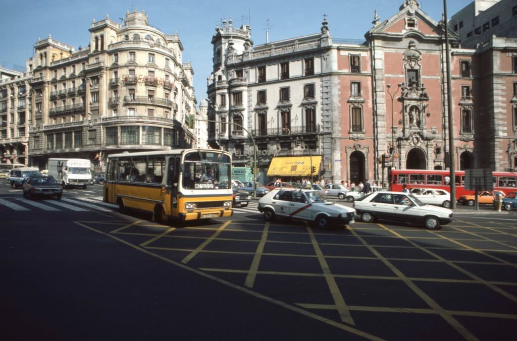 Traffic on the Gran Via in Madrid, in October 1985, Spain.