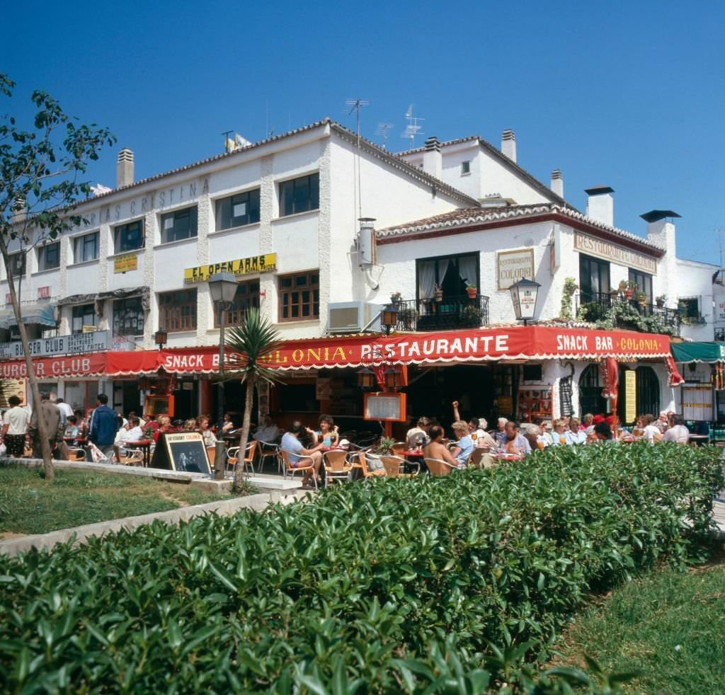 Restaurant Colonia at El Bajondillo beach at Torremolinos, Spain 1980s.