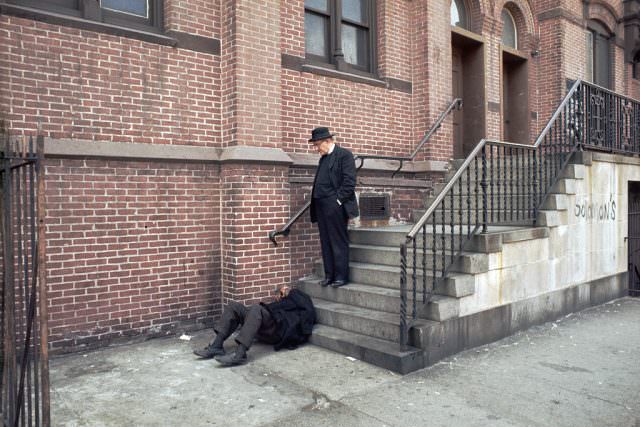 Catholic Priest and homeless man, Bronx, 1970