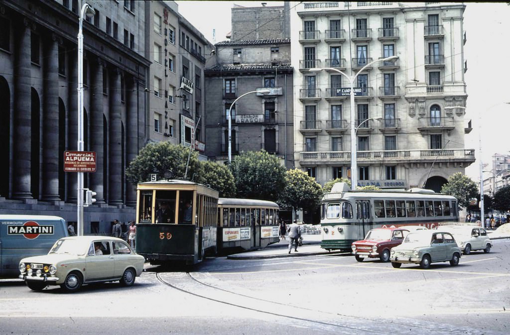 An endearing and colorful partial image of the Plaza de España, next to the bank of the ditto, when it was still possible to attend the tram crossing of line 5, 1970