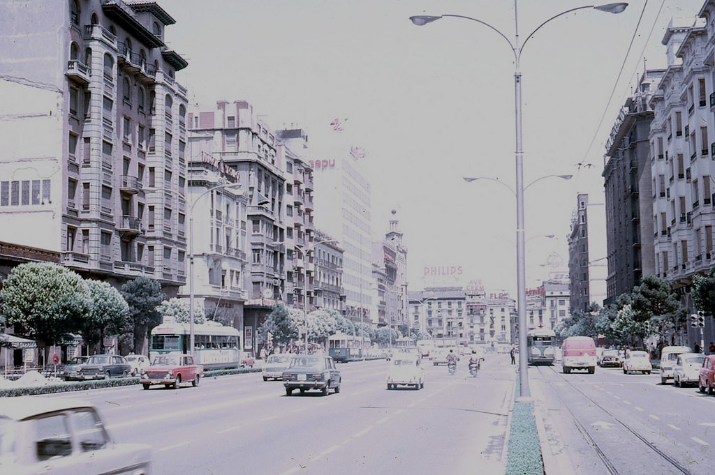 Paseo de la Independencia, as a modern high-capacity road for vehicular circulation, with trams on the margins, 1970