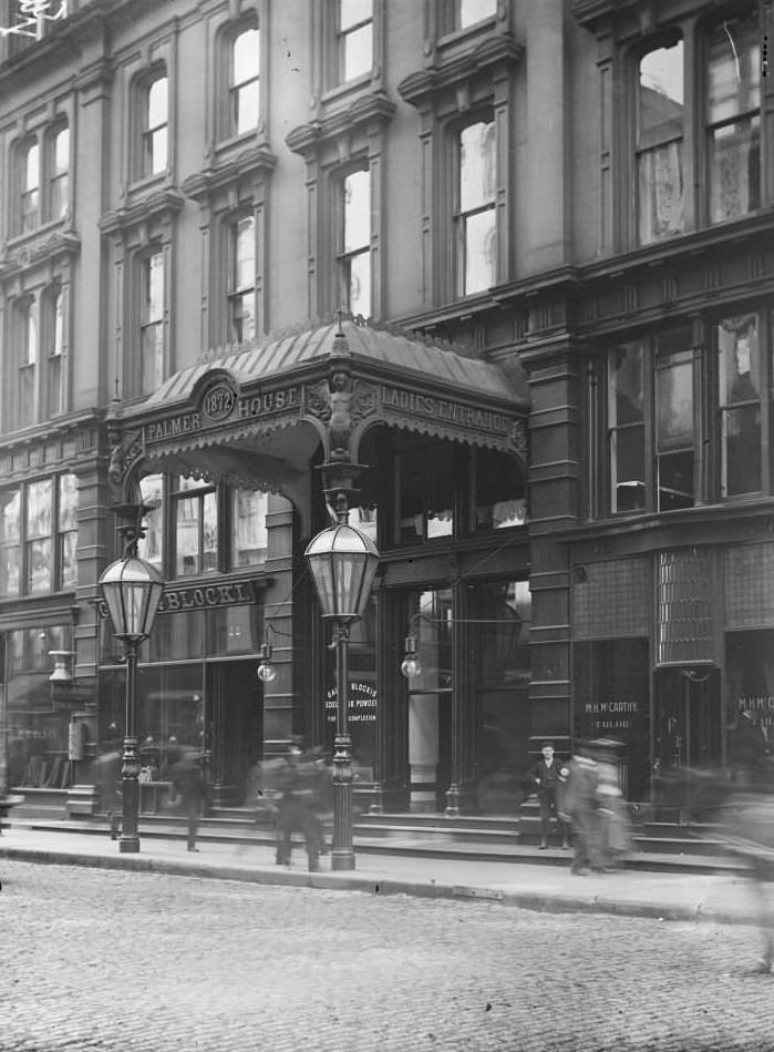 Exterior view showing the ladies entrance to the Palmer House hotel at 150 South State Street in the Loop community area of Chicago, Illinois, September 1903.
