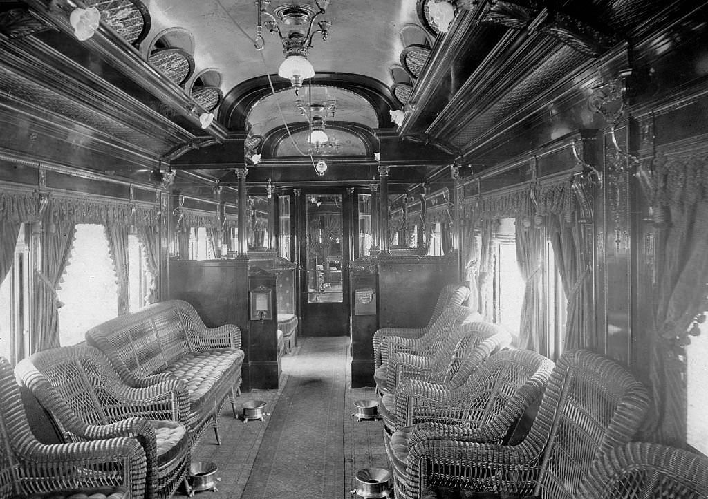 American railway car, smoking car of the Chicago Limited train by the Chicago and North Western Transportation Company, 1900s