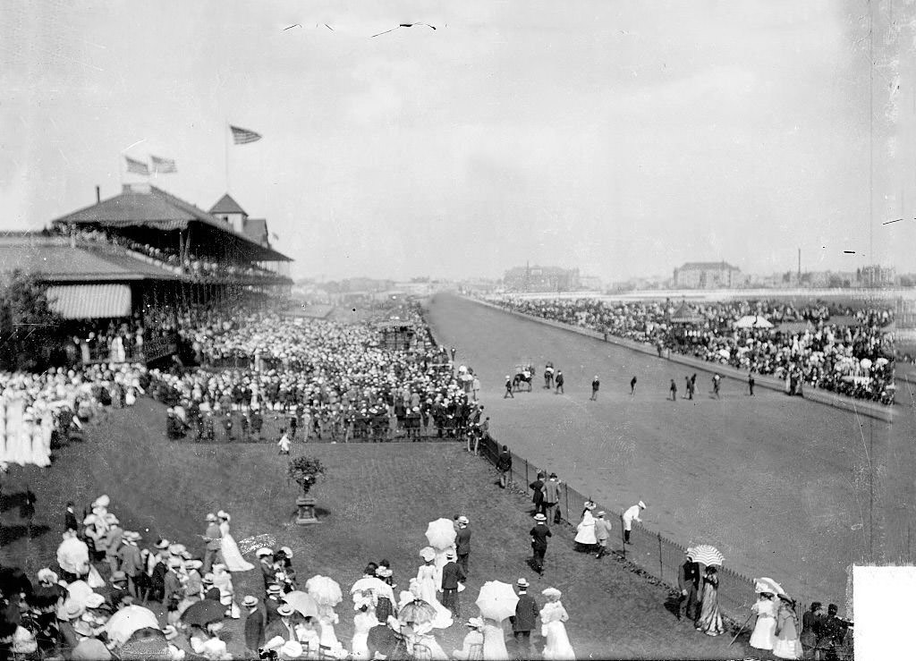 Derby Day at Washington Park racetrack, Chicago, Illinois, 1902.
