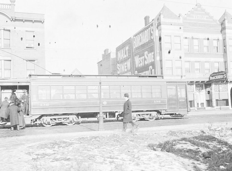 Madison Street streetcar near the West Side streetcar barn, located at Madison Street near 40th Avenue (Pulaski Road), Chicago, Illinois, 1901
