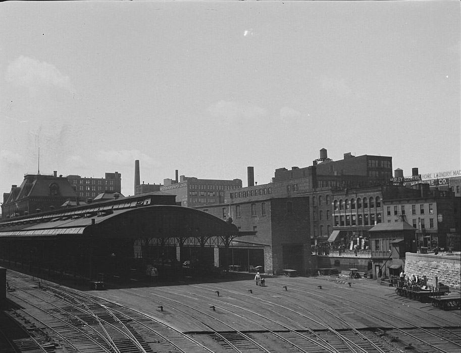 View of Union Depot from the Desplaines Bridge, Chicago, Illinois, 1905