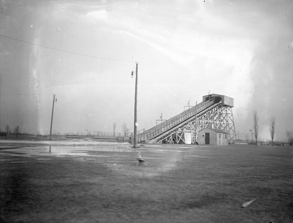 Light exposure view of the toboggan slide in Jackson Park, 1900s.