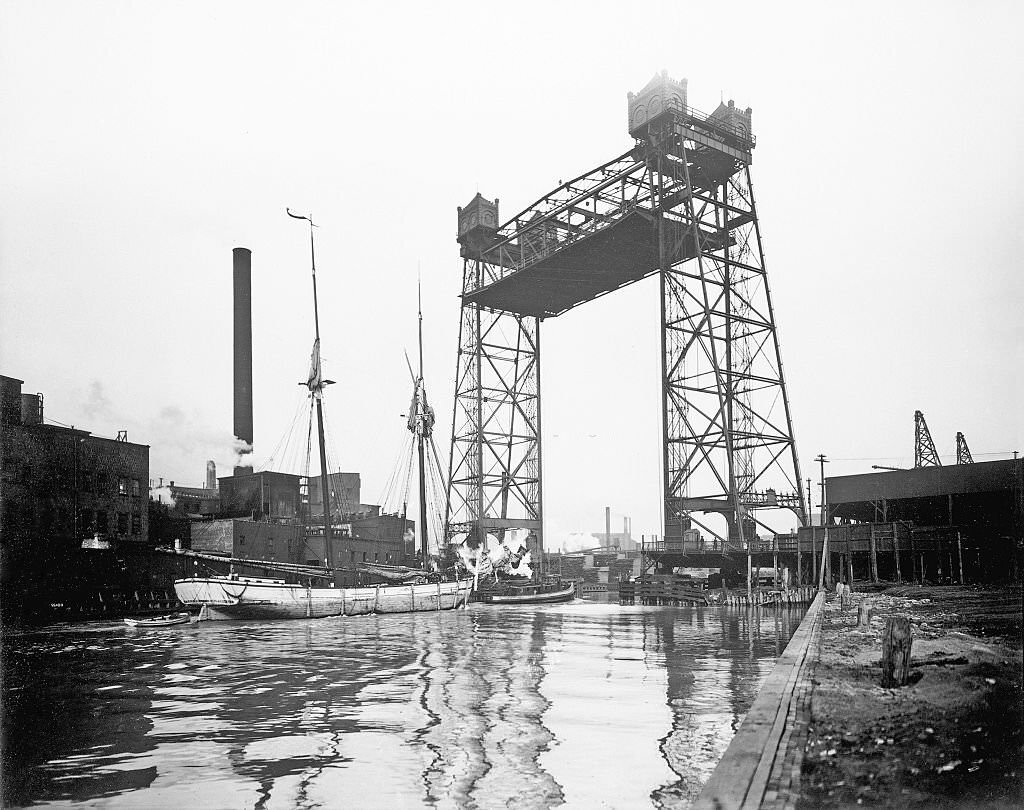 View of ship passing under the Halsted Street Bridge, Chicago, Illinois, 1900