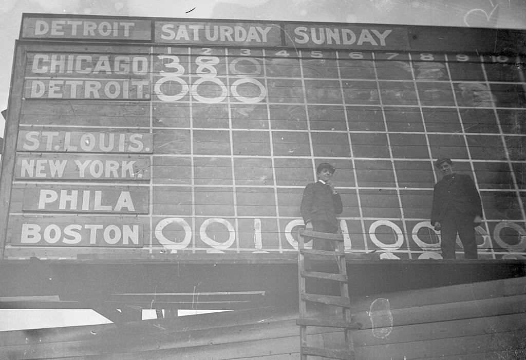 Image of South Side Park scoreboard during a game between Chicago White Sox and the Detroit Tigers, Chicago, 1905.