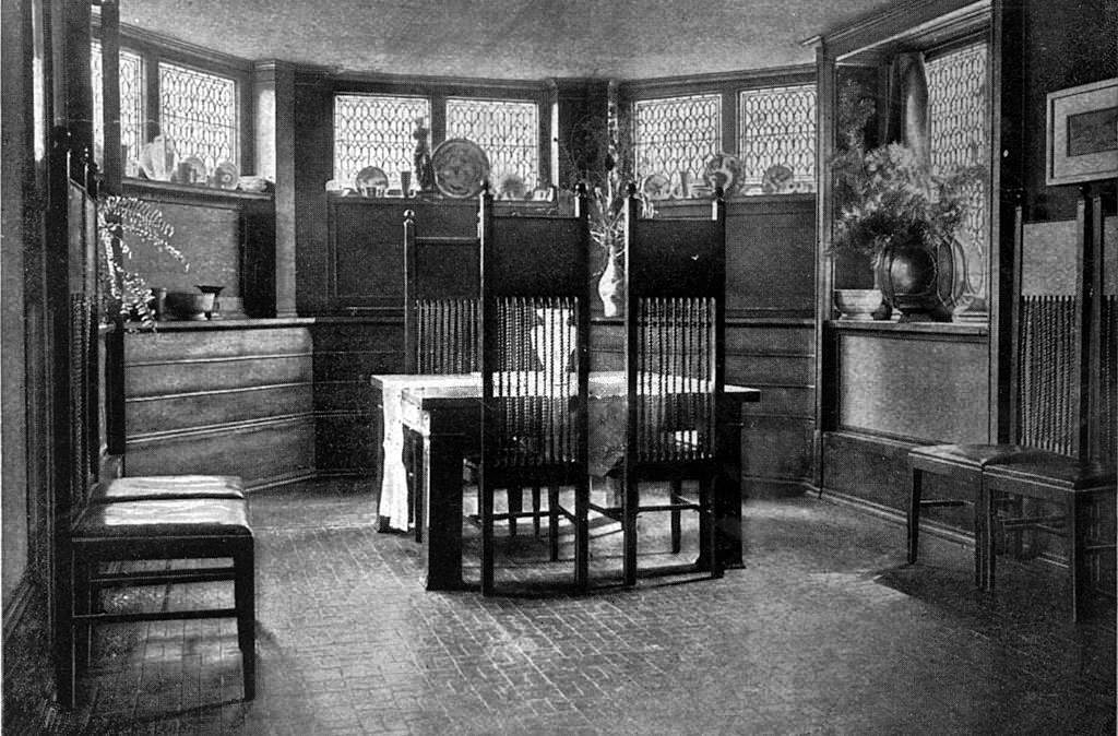 Dining room looking southwest, Wright-designed table, chairs, lightscreen and urn are visible, at the Frank Lloyd Wright Home and Studio, located at 951 Chicago Avenue, Oak Park, Illinois, 1902
