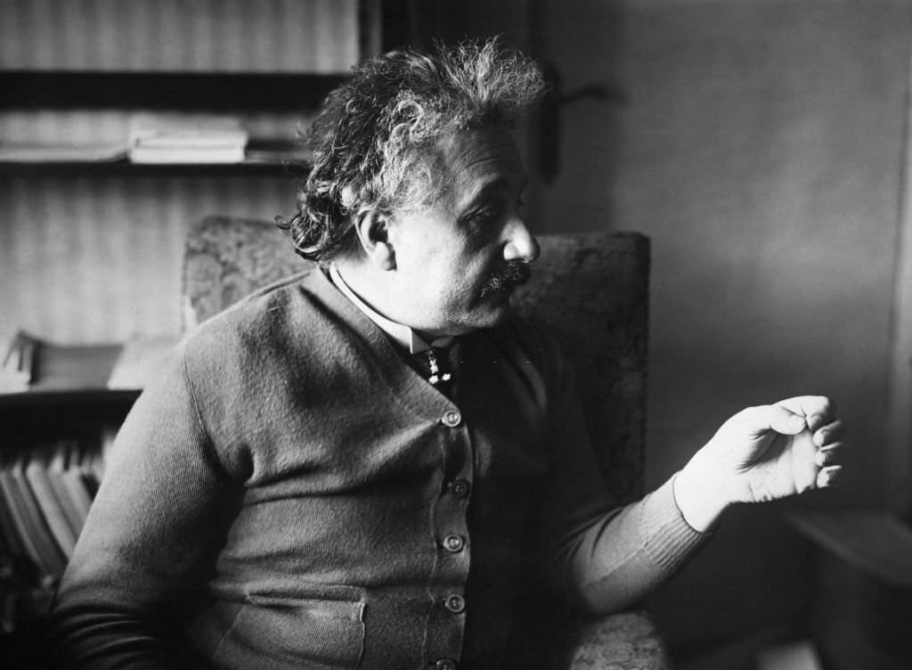 Albert Einstein at his English home after fleeing Germany in fear for his life and that of his wife, 1930