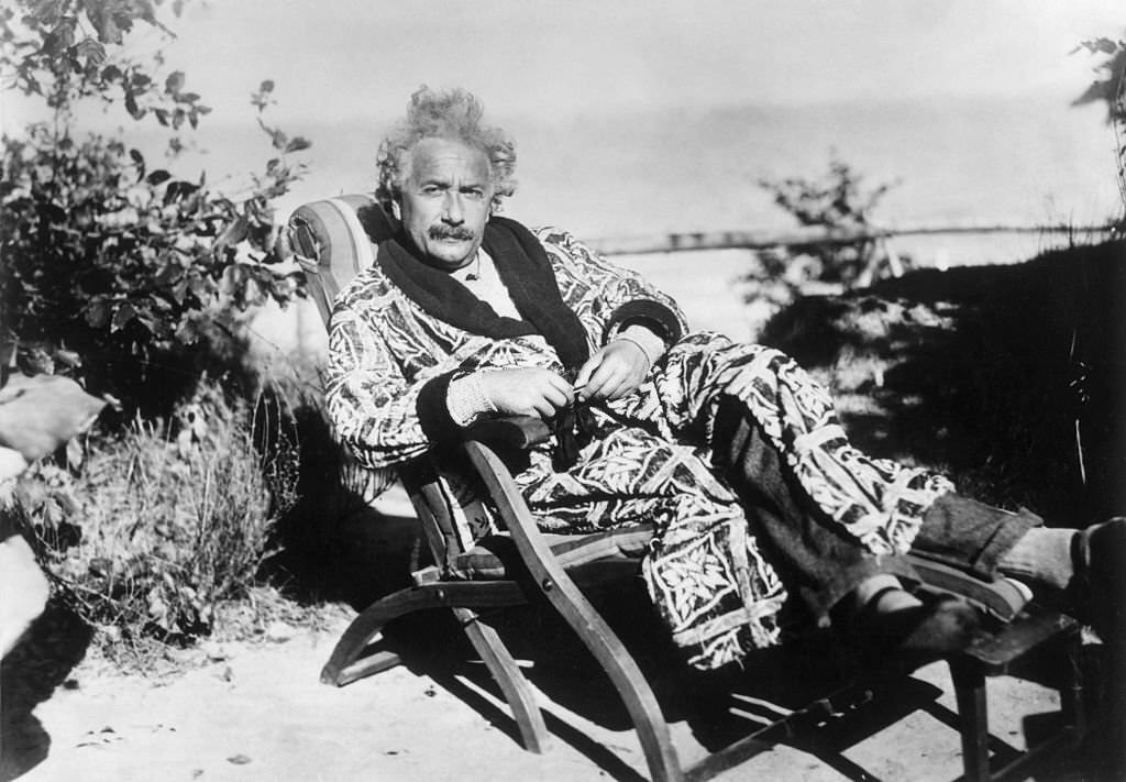 Albert Einstein in a deck chair at the Baltic Sea, 1928