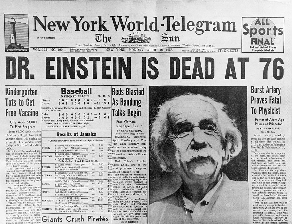 Newspaper Headline Announcing Death of Albert Einstein Dr. Einstein wass Dead at 76.