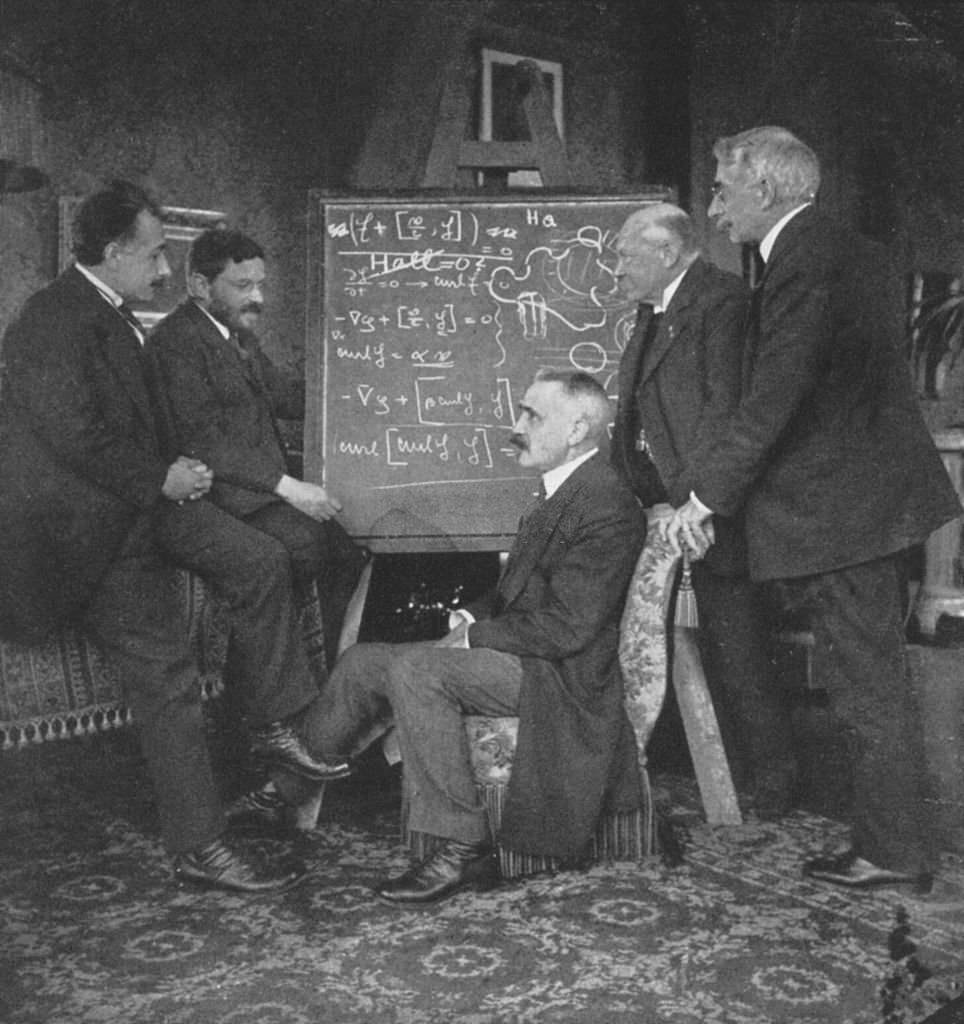 Albert Einstein, with Paul Ehrenfest, Paul Langevin, French physicist, centre, Kammerling-Onnes and Pierre Weiss, Ehrenfest's home, Leyden, Netherlands.