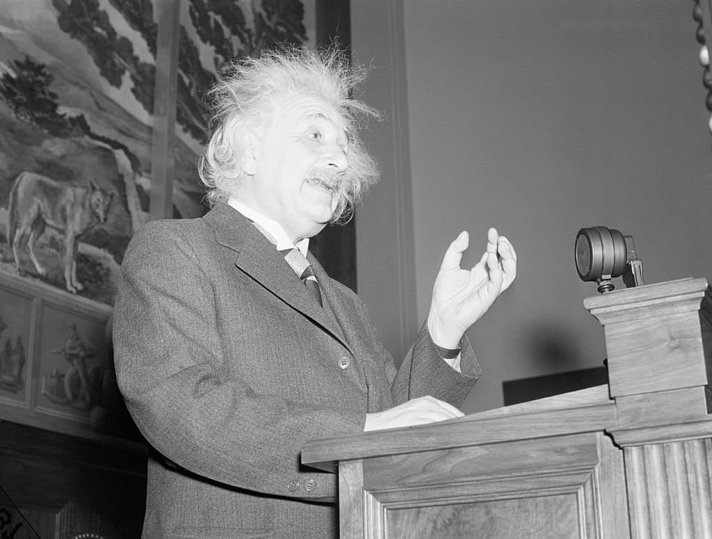 Albert Einstein addressing the Eigth American Scientific Congress here on May 5th.
