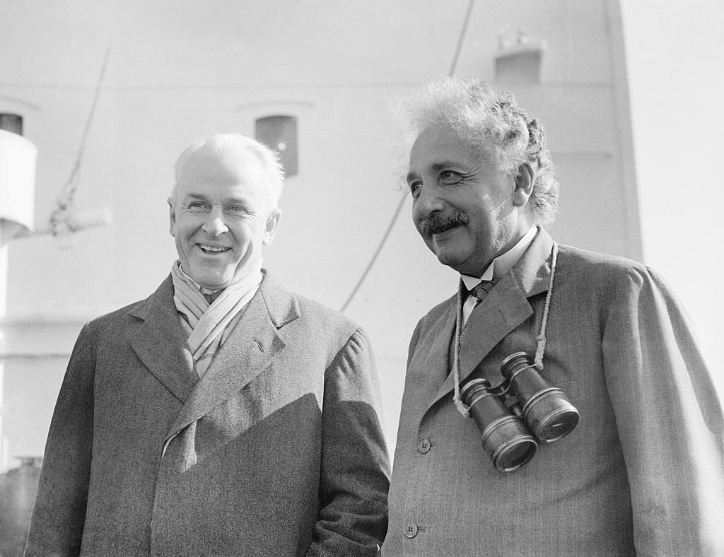 Albert Einstein with Robert Millikan at Los Angeles Harbor this morning aboard the motor ship Oakland of the Hamburg liner.