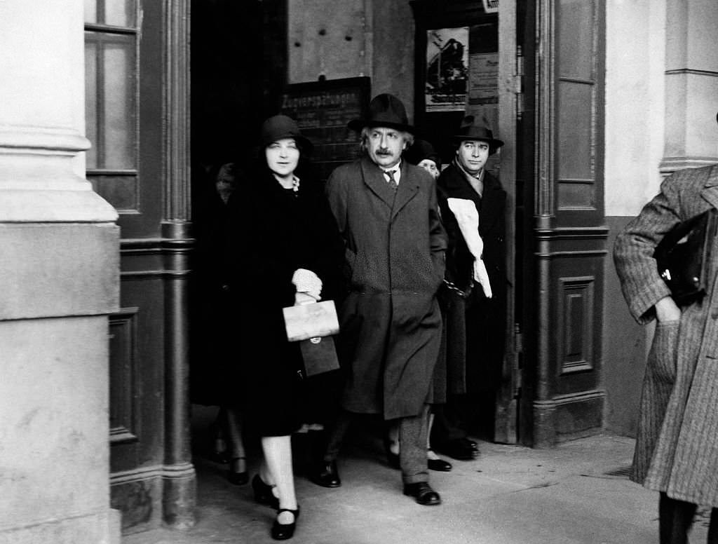 Albert Einstein at a railway station at his return to Berlin, 1955