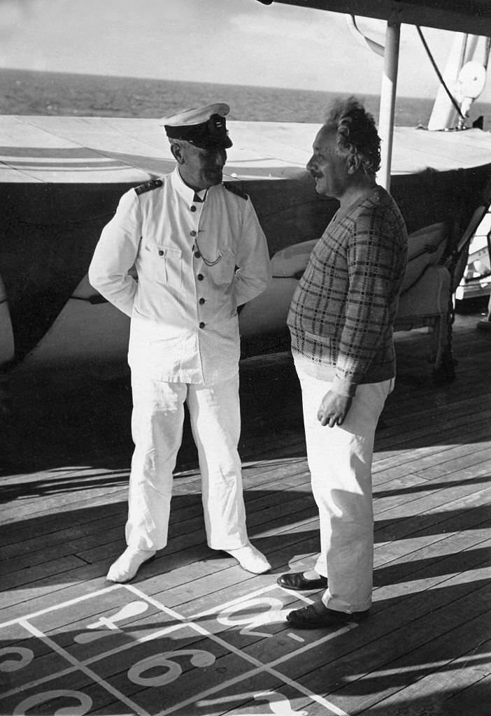Albert Einstein with Captain Johannes Trauernicht (left) on board of the Hapag steamer 'San Francisco' on his homeward journey from California, March 1931