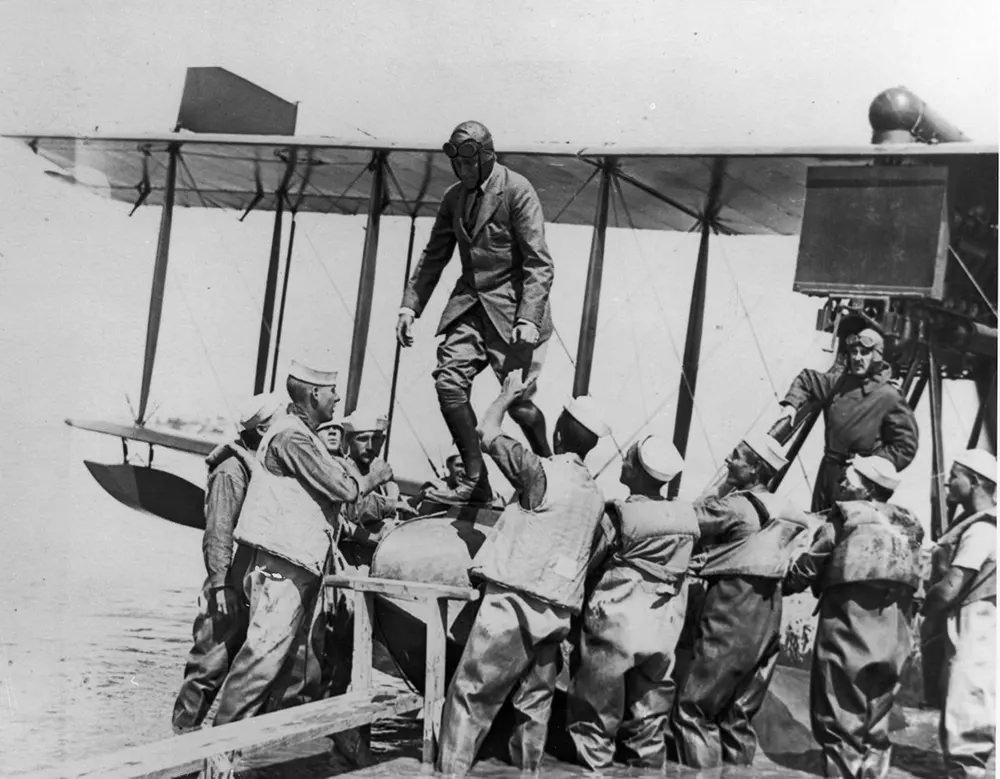 Franklin D. Roosevelt disembarks from a seaplane, 1920s.