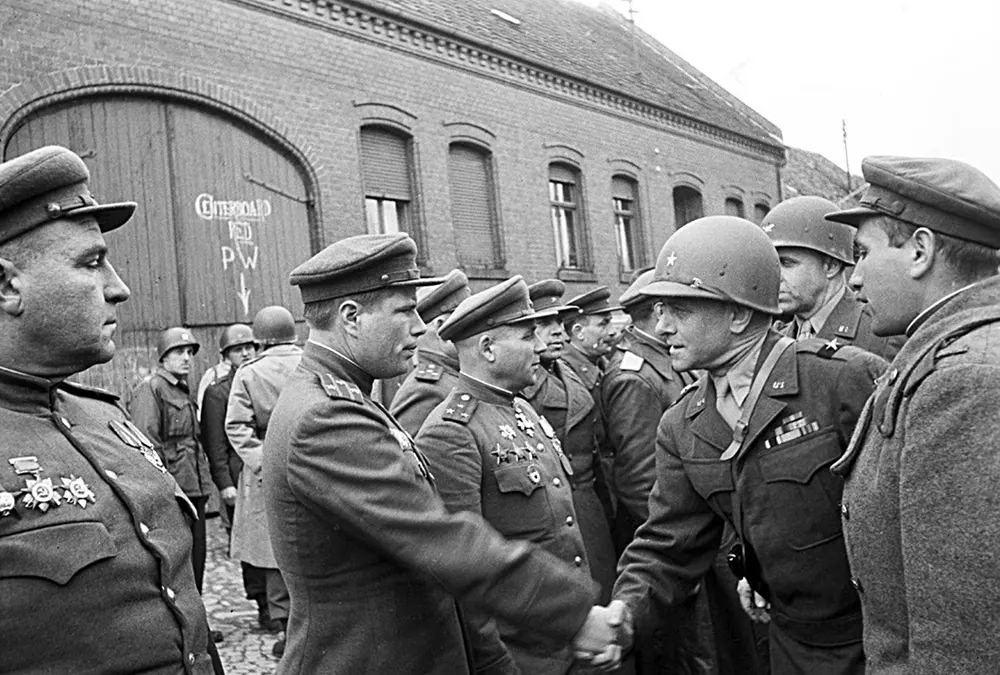 The Historic meeting of American and Soviet Troops on Elbe River in Germany in WWII