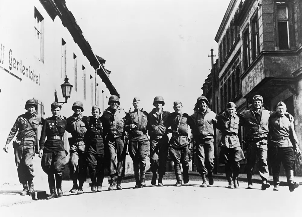 The Historic meeting of American and Soviet Troops on Elbe River in Germany in WWII