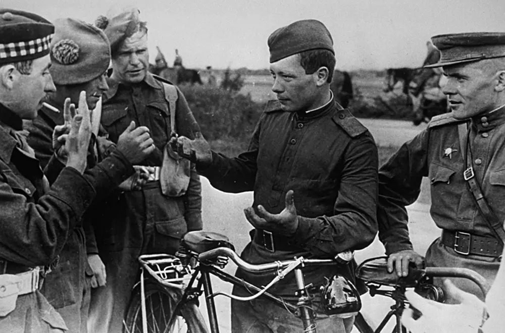 The Historic meeting of American and Soviet Troops on Elbe River in Germany in WWII