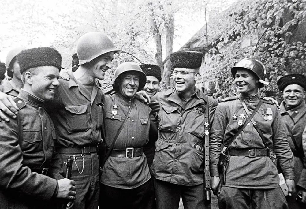 The Historic meeting of American and Soviet Troops on Elbe River in Germany in WWII