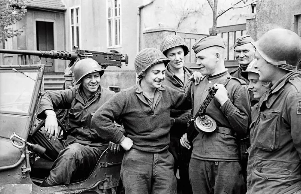 The Historic meeting of American and Soviet Troops on Elbe River in Germany in WWII