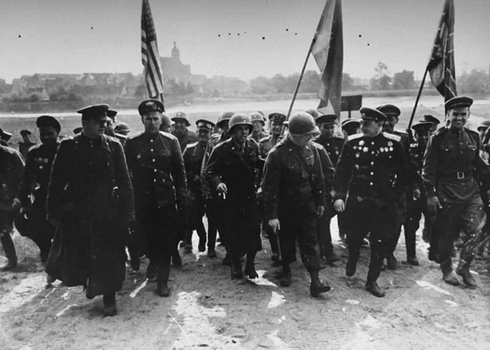 The Historic meeting of American and Soviet Troops on Elbe River in Germany in WWII